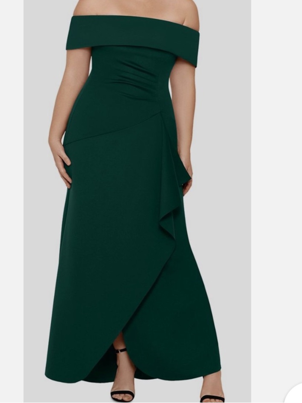 Off the Shoulder Ruffle Scuba Crepe Gown, Hunter Green, 14/16